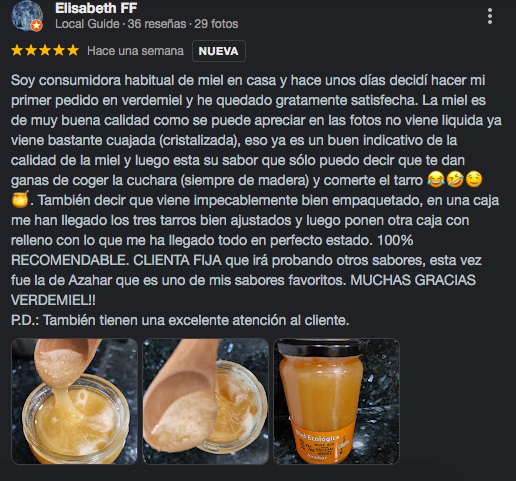 Reseña cliente de la miel VerdeMiel cruda ecológica